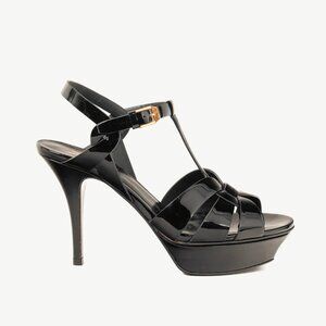 Saint Laurent Tribute Open Toe Black Patent Leather Platform Sandal